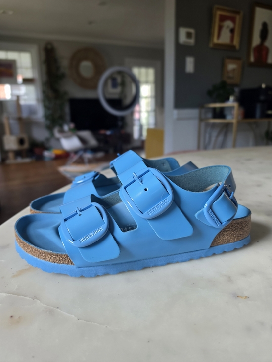 Birkenstock Shoes - Birkenstock Milano Big Buckle Leather Sandal High Shine Sky Blue Size 7-7.5